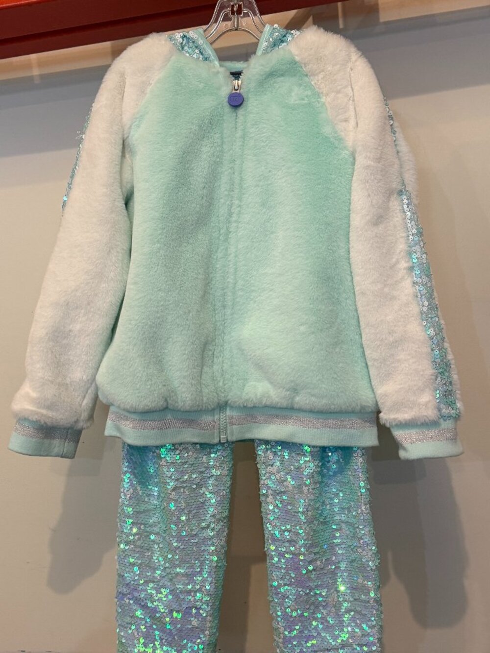 More Than Magic Girls Aqua/White Iridescent Sequin Zippered Jacket/pants size7/8